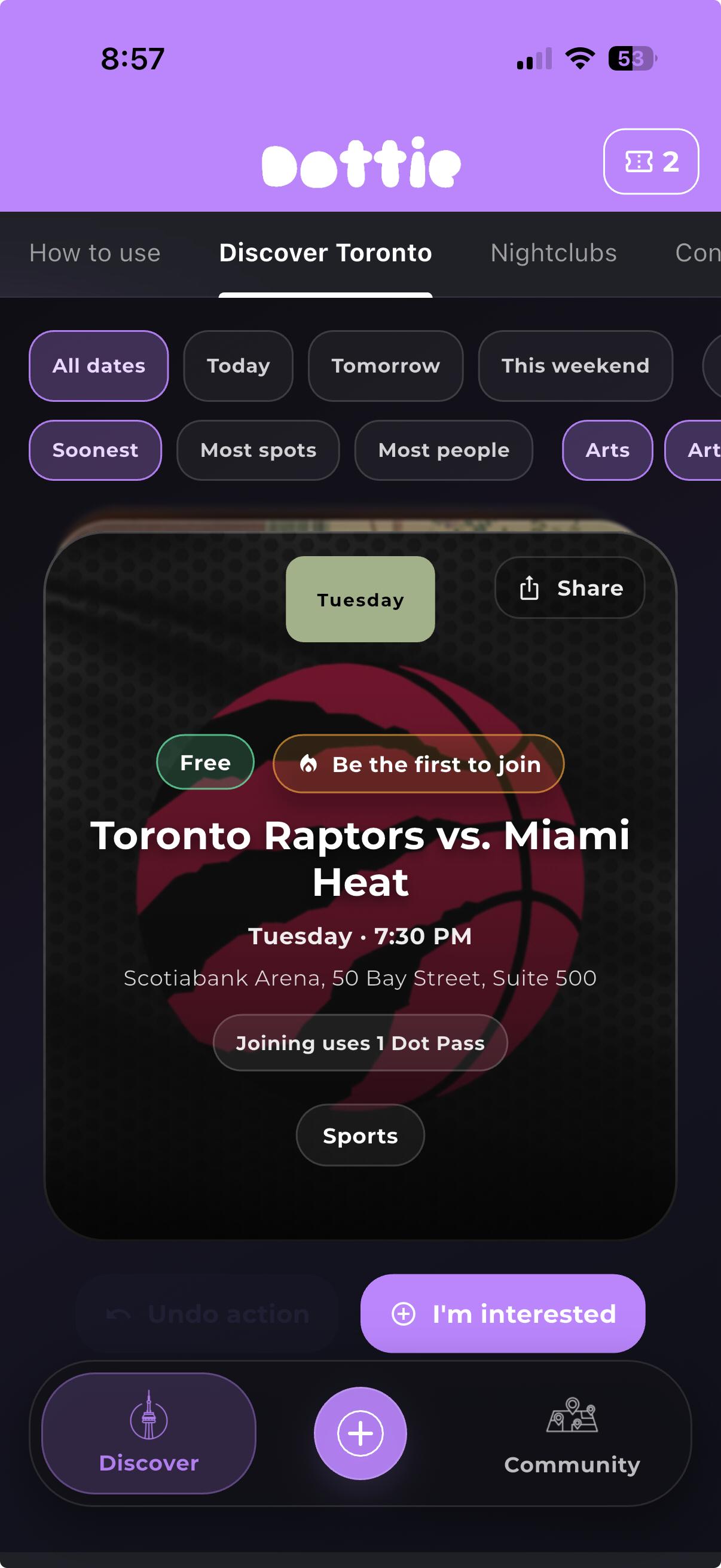Dottie app showing sports plans in Toronto