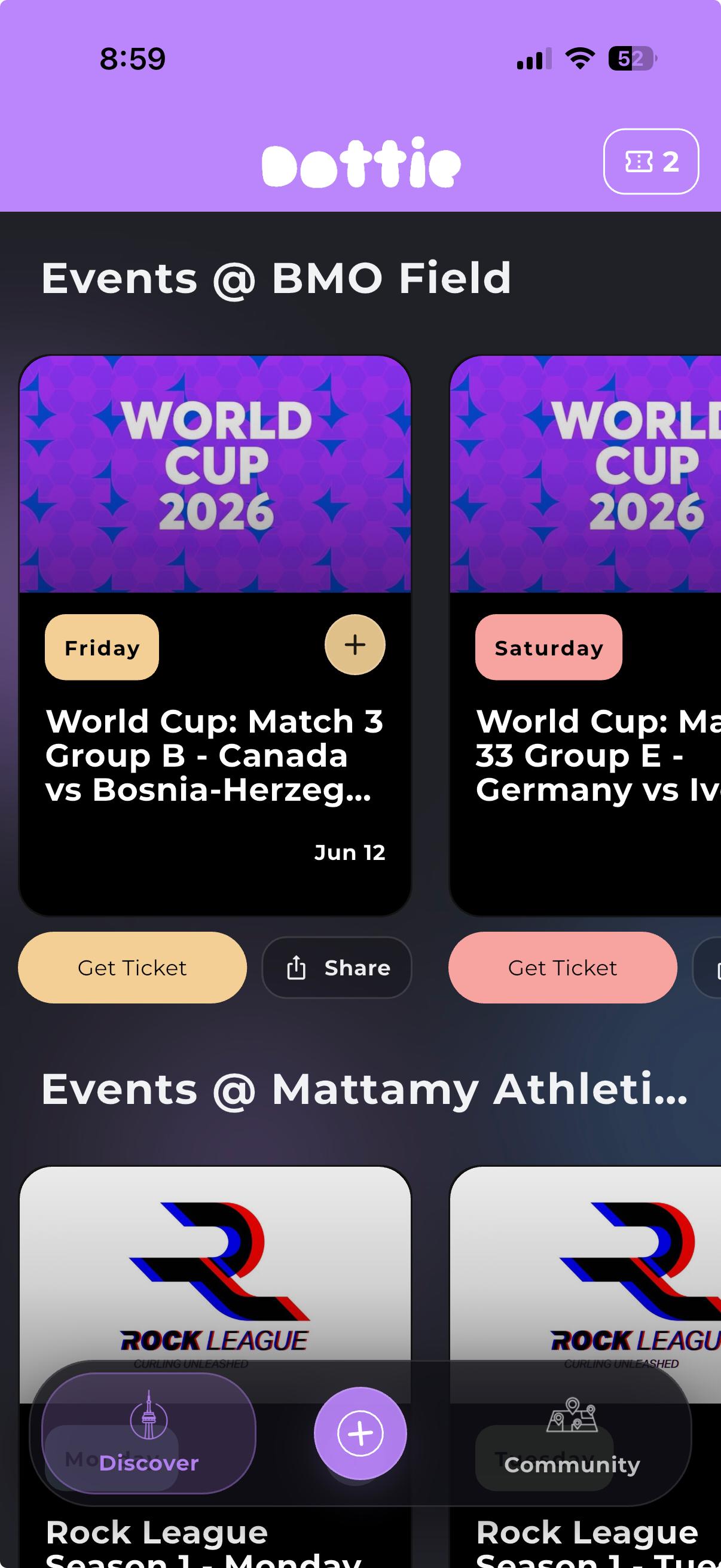 Dottie app showing sports calendar and city events