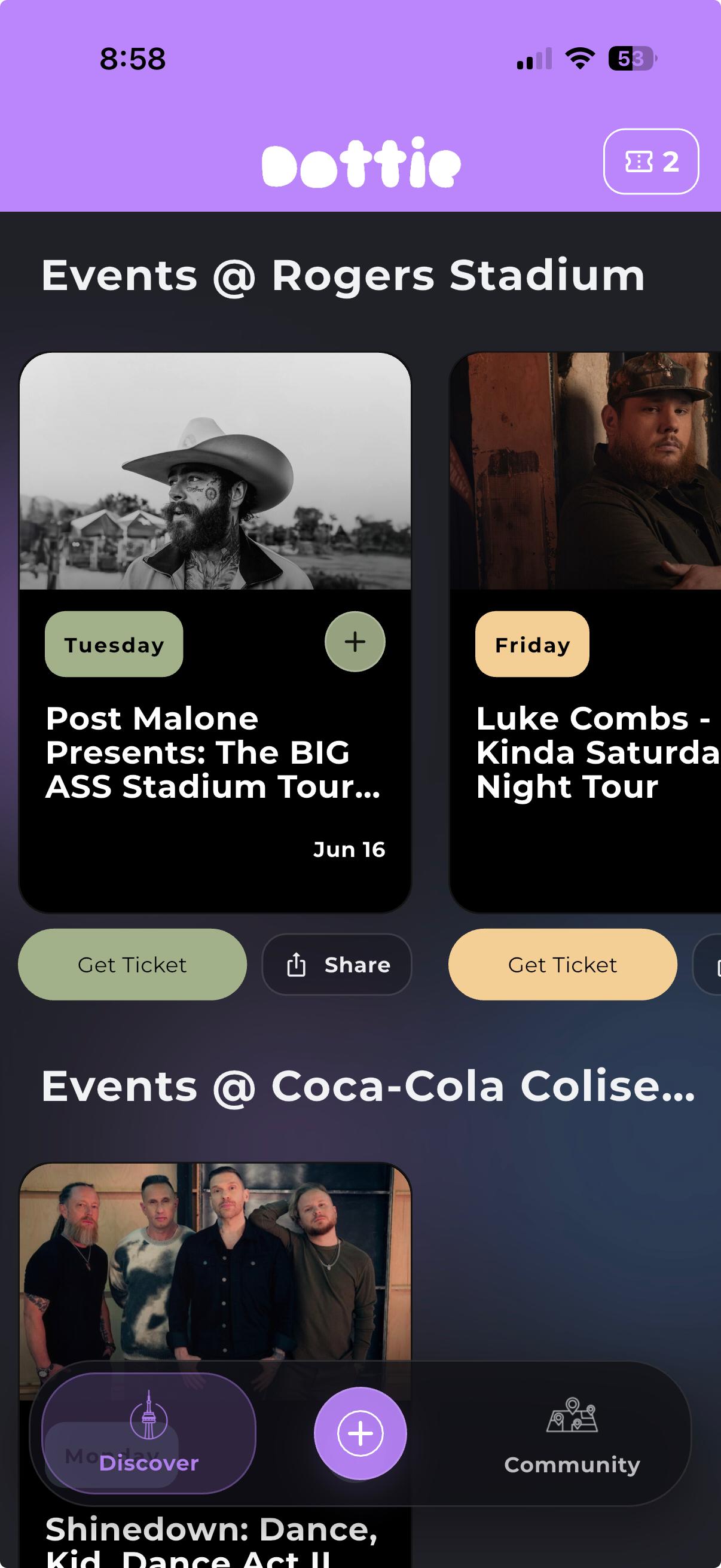 Dottie app showing stadium events and venue listings